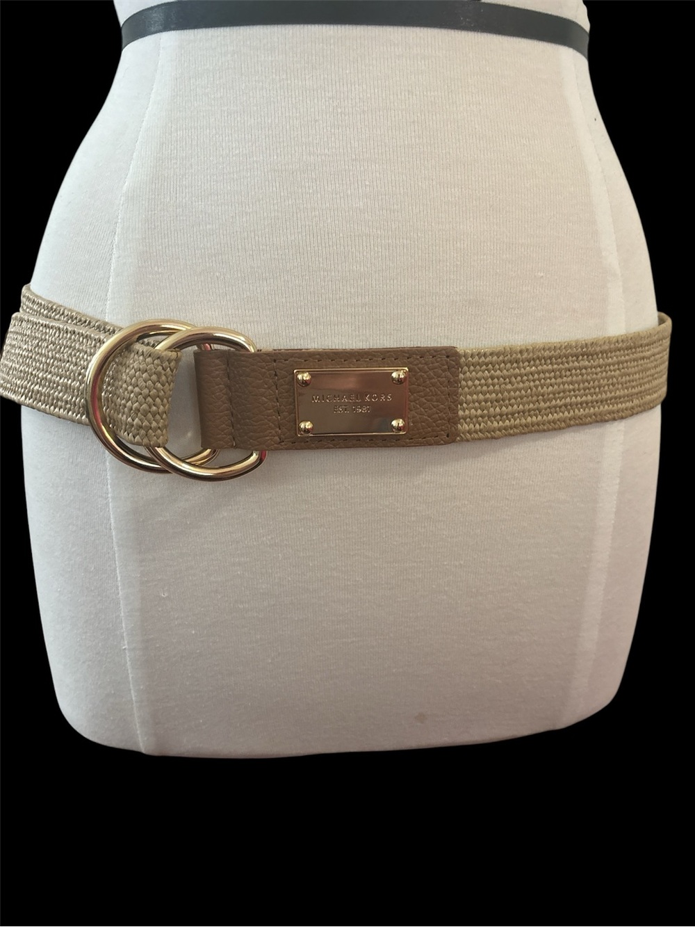 Michael Kors Tan Beige Woven Belt with Gold Double-Ring Hardware